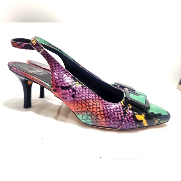 Amalfi By Rangoni Multicolored Snake Leather kitten heels Sandals Shoes 8M - Picture 2 of 6